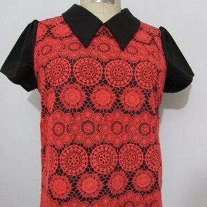 Orange Lace Top Pointed Collar Black Crepe